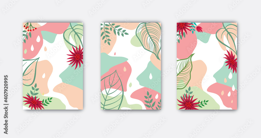 Set of abstract floral background designs for summer holiday with tropical flowers leaves. Card templates for summer sale, social media promotional content