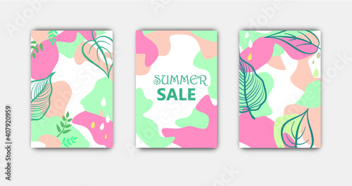 Set of abstract floral background designs for summer holiday with leaves. Card templates for summer sale, social media promotional content. Vector illustration