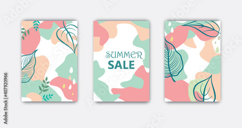 Set of abstract floral background designs for summer holiday with leaves. Advert card templates for summer sale, social, media promotion