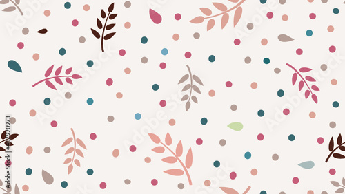 Floral pattern with leaves and dots in minimal childihs style. Abstract seamless festive background. Flourish ornamental garden with polka dot ornament.