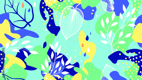 Abstract blots, floral shapes and leaves seamless pattern in trendy design style. Stylish background with dots and flowing liquid shapes.