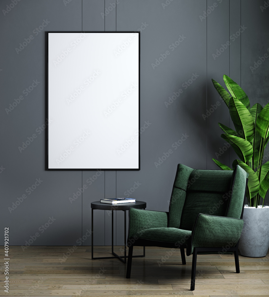 Vertical frame mockup in modern dark interior with green armchair and plant. Scandinavian style, 3d render Vertical frame mockup in modern dark interior with green armchair and plant. Scandinavian style, 3d render