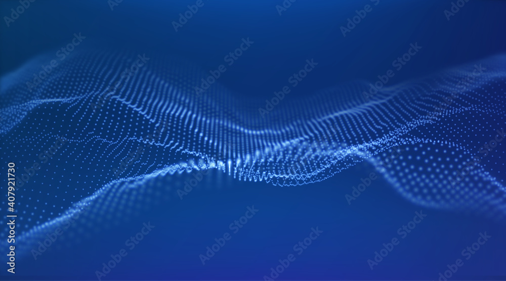 Abstract blue particles background. Flow wave with dot landscape ...