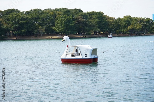 Swan boat floating on the pond at Ohori park in Fukuoka prefecture, Japan - 大濠公園 足漕ぎボート スワンボート 福岡 日本 
