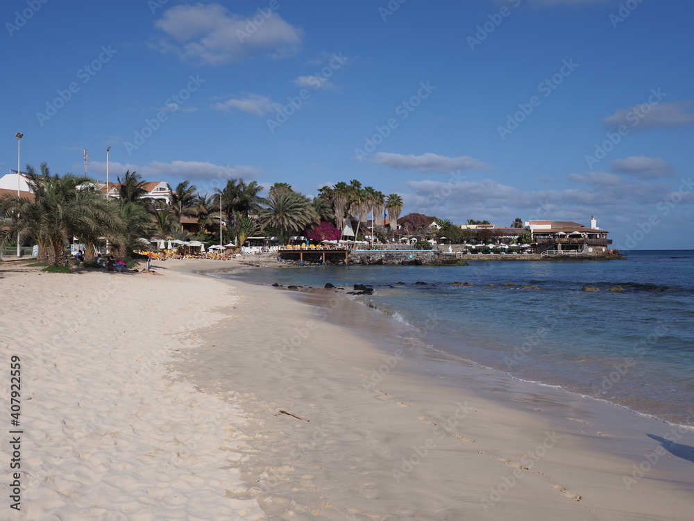 Tropical beach and palms on Atlantic Ocean at Sal island, Cape Verde
