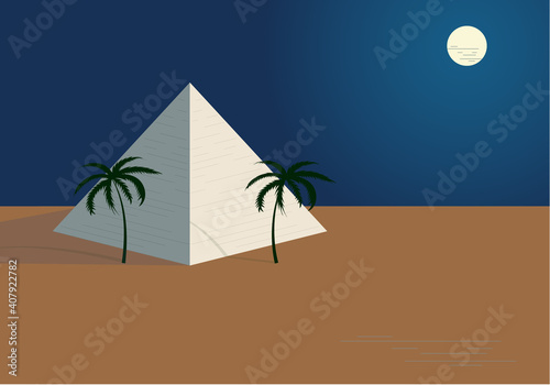 Pyramids at night in the desert. Moon, palm trees, sand.