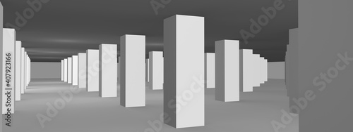 A big white room full of columns. Panoramic view. 3d render