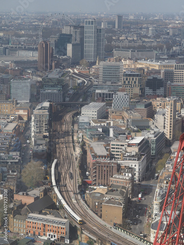 aerial view looking down on London city towards Waterloo East railway station photo