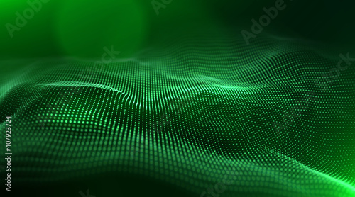 Abstract green particle background. Flow wave with dot landscape. Digital data structure. Future mesh or sound grid. Pattern point visualization. Technology vector illustration.