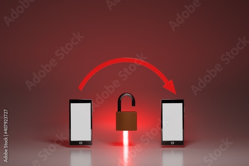 Vulnerable, unencrypted connection between mobile devices, concept. Two smartphones with red arrow and open padlock. Digital render. photo