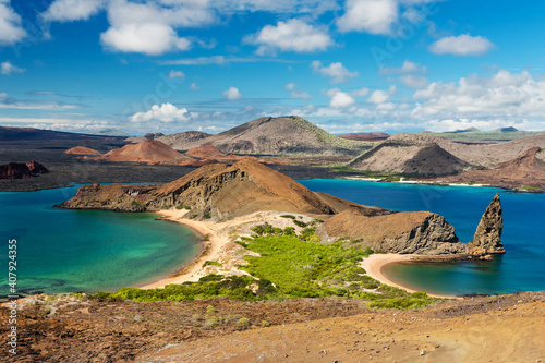 Ecuador. Galapagos Islands. View of two beaches of Bartolome Island in Galapagos Islands National park. Pinnacle Rock. Famous travel destination of Galapagos Islands. photo