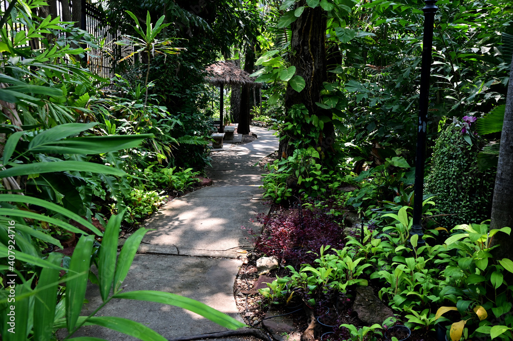 Garden walkways covered with stone slabs, nature background in the park at Thailand. Garden walkways covered with stone slabs, nature background in the park at Thailand.