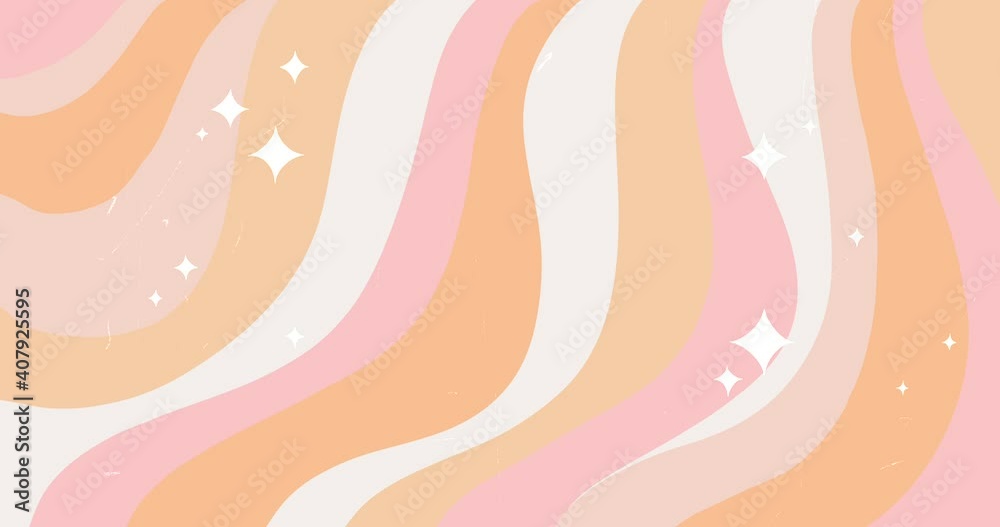 Retro boho background with waves in 1970s pastel earthy colours. Mid-century abstract trendy pattern with sparkling stars. Vintage looping animation.