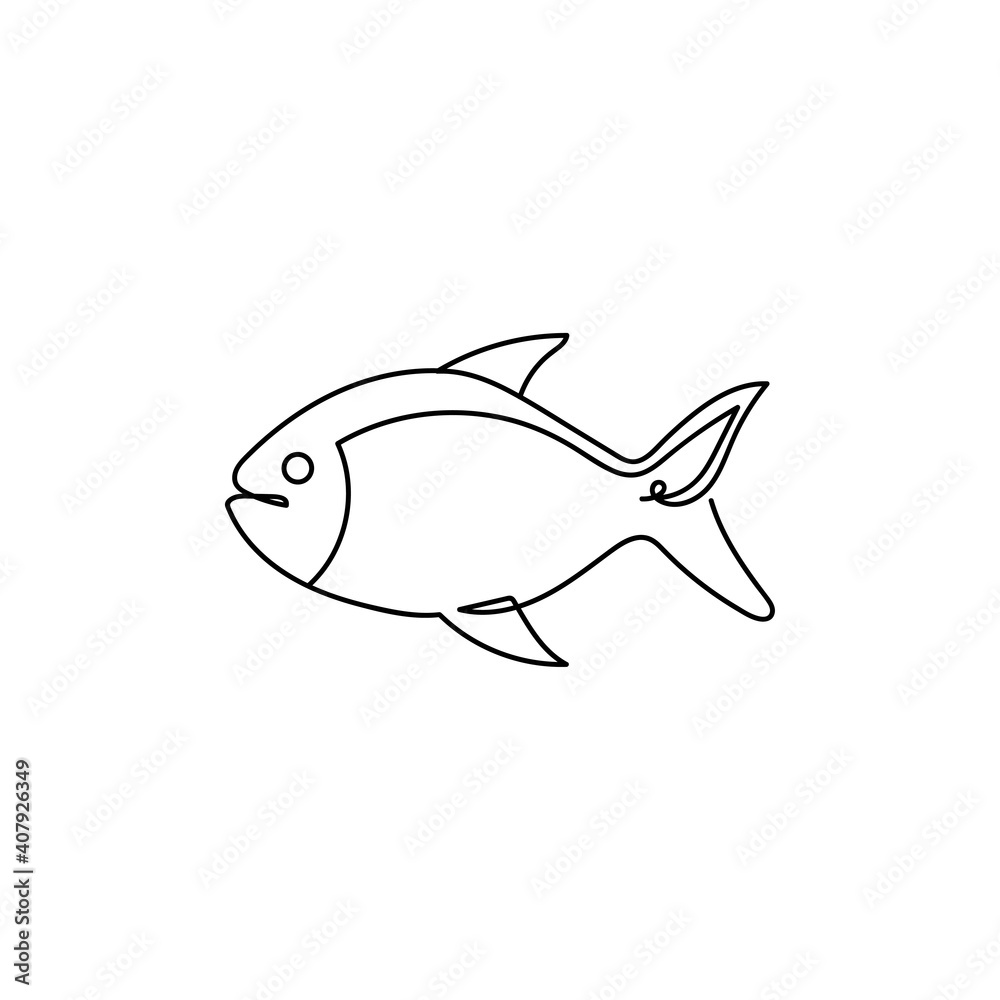 Continuous one line drawing a fish. Vector illustration perfect for  greeting cards, party invitations, posters, stickers, clothing. Silhouette  of a fish icon. Food concept Stock Vector