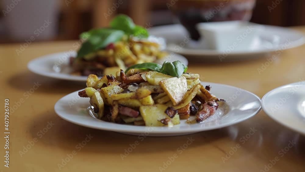 Serving Fried Potatoes With Meat, two portions Serving Fried Potatoes With Meat, two portions