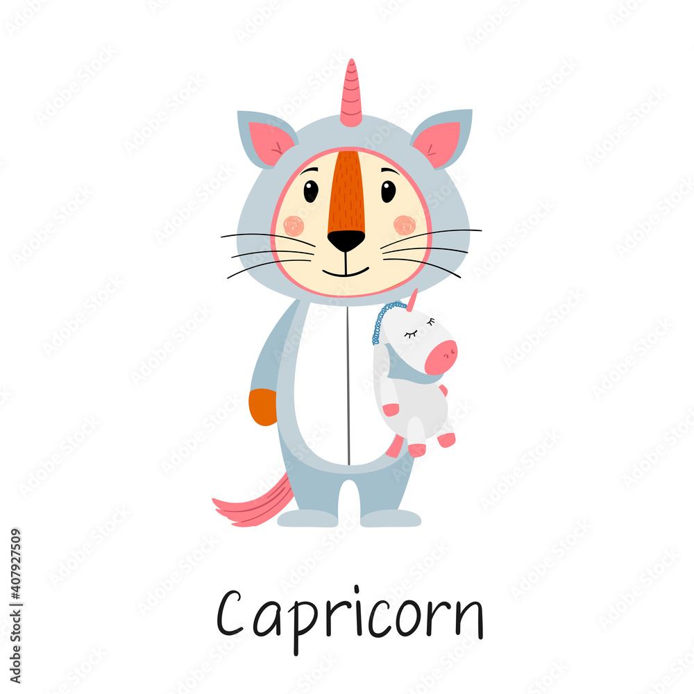 The zodiac sign Capricorn. Cute tiger in kigurumi with unicorn. Concept of horoscope for 2022, year of tiger according to Chinese calendar. Vector stock flat hand-drawn illustration isolated on white The zodiac sign Capricorn. Cute tiger in kigurumi with unicorn. Concept of horoscope for 2022, year of tiger according to Chinese calendar. Vector stock flat hand-drawn illustration isolated on white