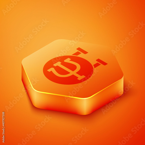 Isometric Psychology icon isolated on orange background. Psi symbol. Mental health concept, psychoanalysis analysis and psychotherapy. Orange hexagon button. Vector.