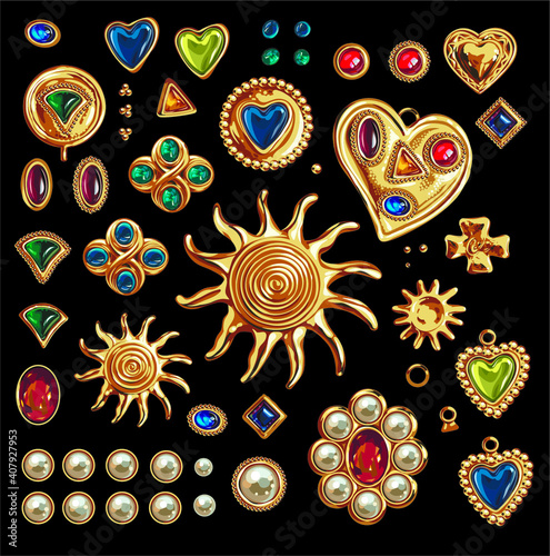 Vector Set Golden Brooches.  Sun, Heart Shapes . Vector Collections. Jewelry.