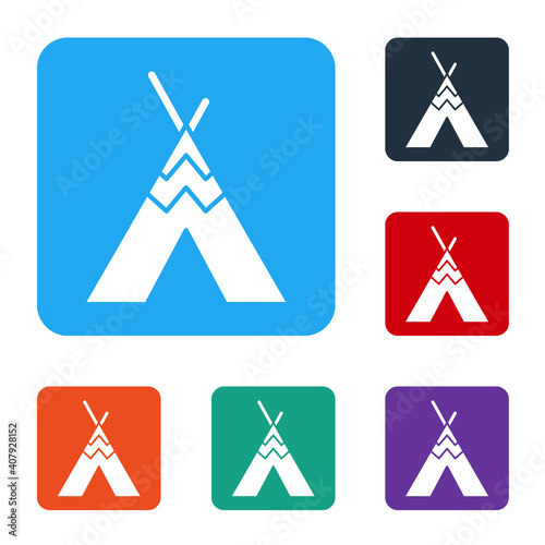 White Traditional indian teepee or wigwam icon isolated on white background. Indian tent. Set icons in color square buttons. Vector.