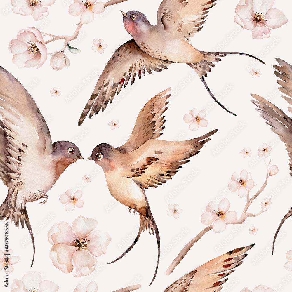 Obraz premium Watercolor spring flying swallows isolated and blossom flowers seamless pattern fabric background