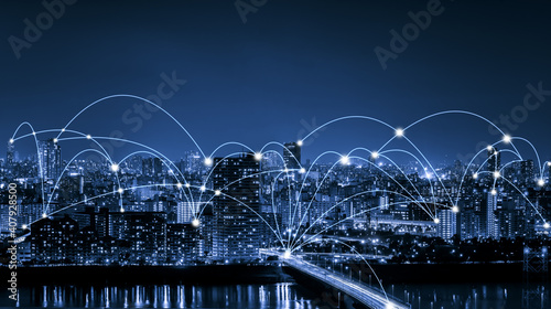 Advanced communication and global internet network connection in smart city . Concept of future 5G wireless digital connecting and social media networking . photo