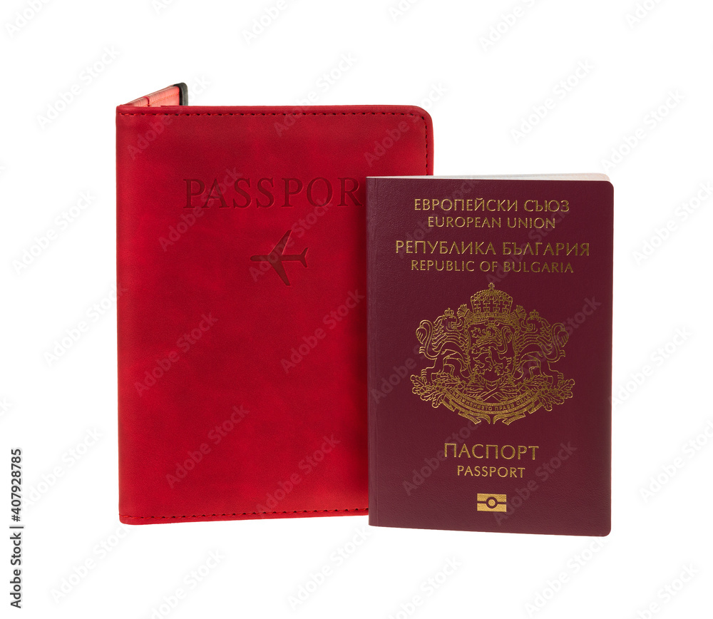 Bulgarian passport and red cover isolated on white background. Republic of Bulgaria, European Union passport Bulgarian passport and red cover isolated on white background. Republic of Bulgaria, European Union passport