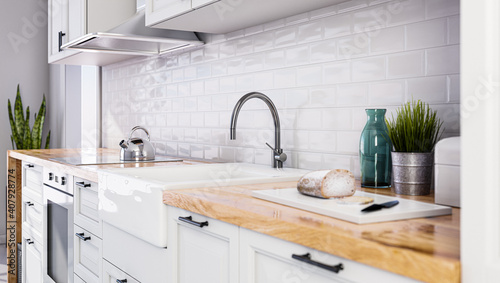 Scandinavian open style kitchen in white color, white tiles