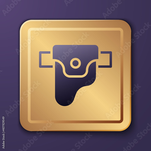 Purple Gun in holster, firearms icon isolated on purple background. Gold square button. Vector.