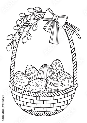 Doodle coloring book page Easter basket with Easter eggs and willow twigs