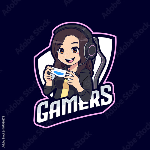 Cute twitch streamer gamer girl with hoodie emblem logo template