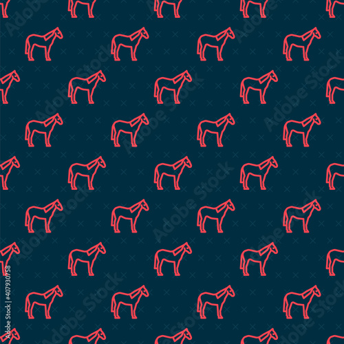 Red line Horse icon isolated seamless pattern on black background. Animal symbol. Vector.