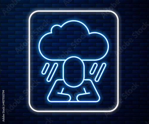 Glowing neon line Depression and frustration icon isolated on brick wall background. Man in depressive state of mind. Mental health problems. Vector.