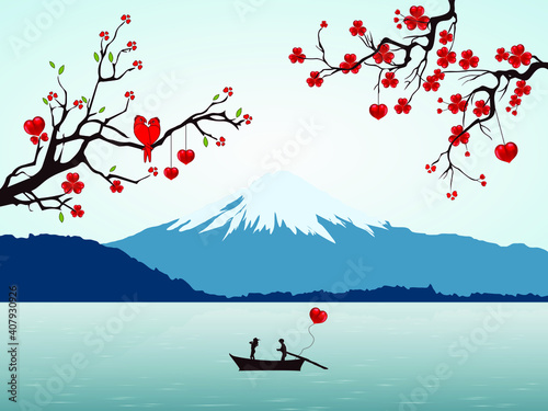 Valentines day holiday background with heart shaped flowers or fruits on the plants and mountains and lake with couple on a boat and parrots on the branch.