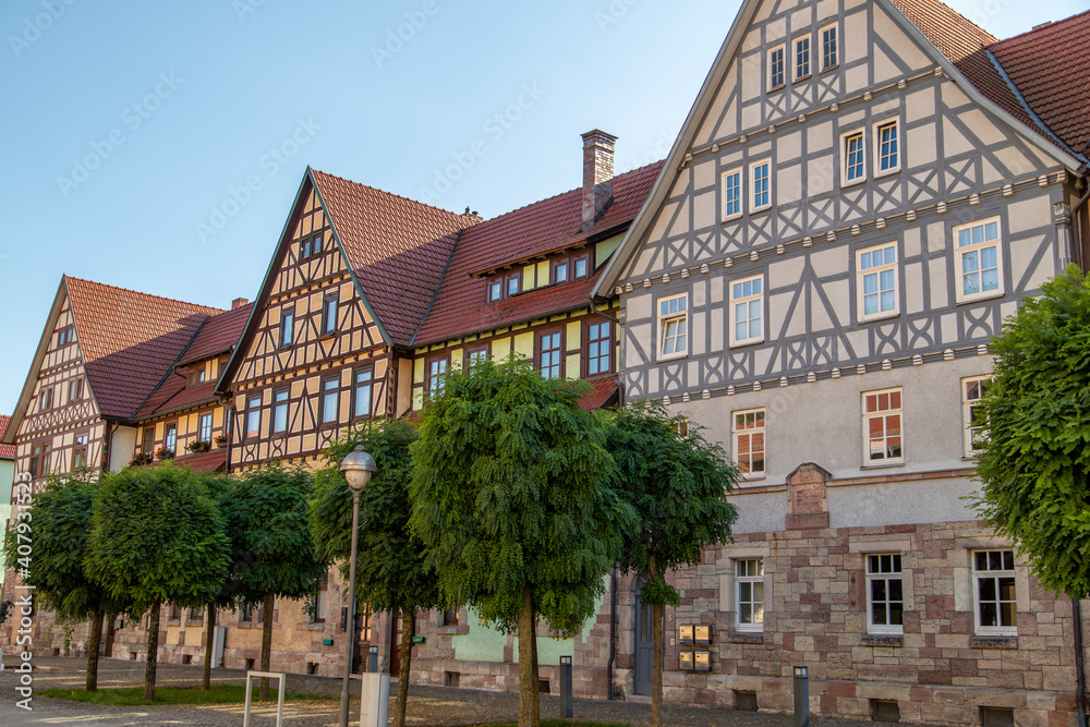 Facades of historic half-timbered houses in Wasungen