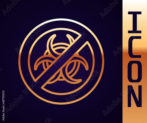 Gold line Stop GMO icon isolated on black background. Genetically modified organism acronym. Dna food modification. Vector.