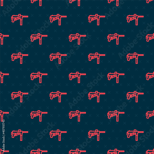 Red line Submachine gun M3, Grease gun icon isolated seamless pattern on black background. Vector.