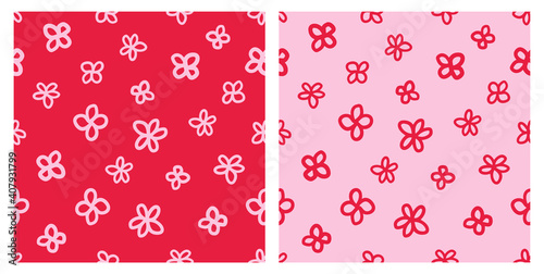 Set of modern retro vector floral seamless pattern with pink background.