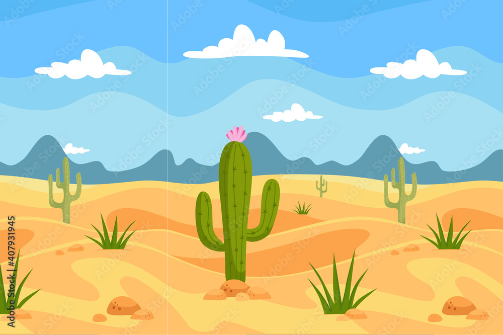 Pattern Drawing Cactus in desert with mountains blue sky background