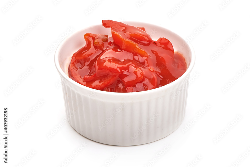 Hungarian lecho of tomatoes and sweet paprika, isolated on white background Hungarian lecho of tomatoes and sweet paprika, isolated on white background