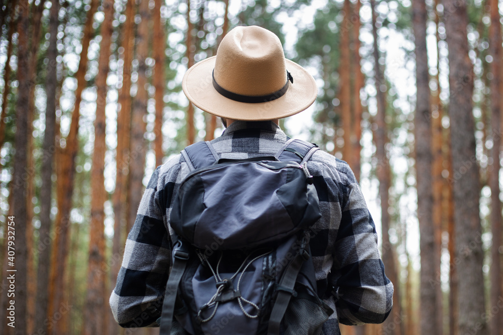 Young Man in a hat with a backpack in a pine forest. Hike in the mountains or forest
