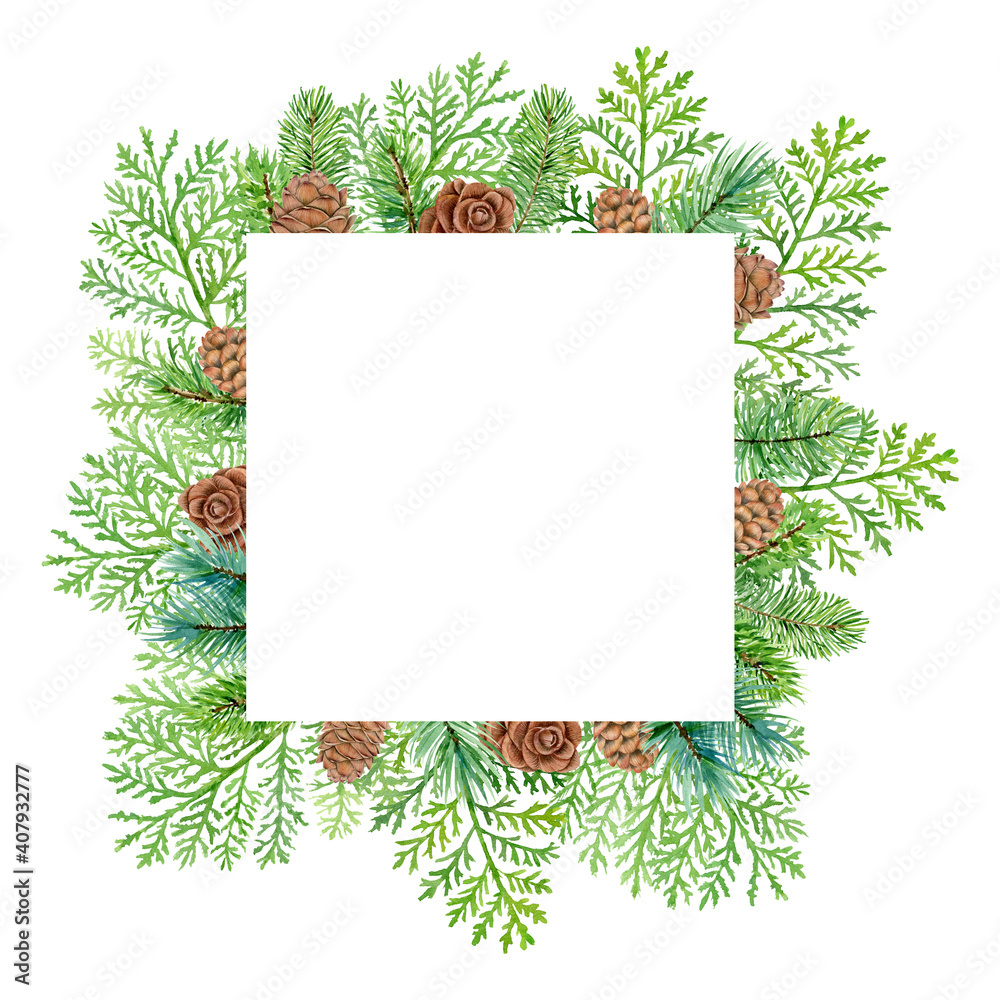 Obraz premium Watercolor christmas square frame, new year green thuja tree branches and cones decoration, Hand drawn illustration isolated on white background