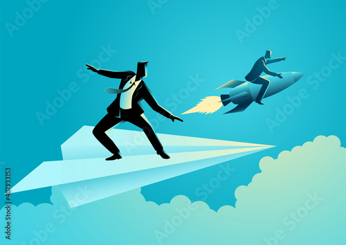 Businessman on paper plane compete with a businessman on a rocket
