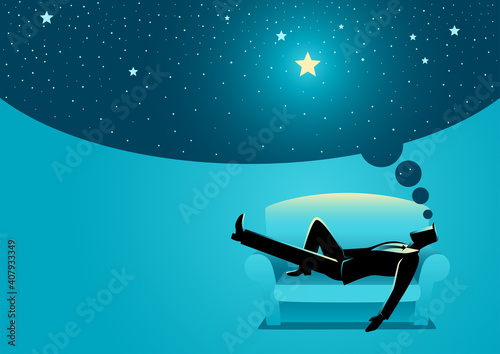 Businessman daydreaming while sleeping on sofa