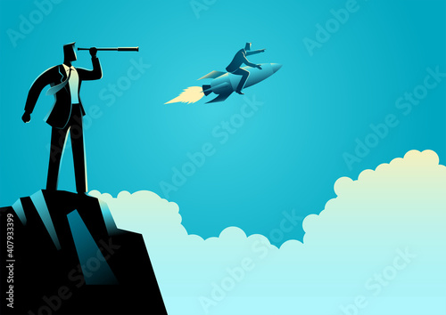 Businessman obeserving his competitor using telescope