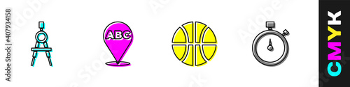 Set Drawing compass, Alphabet, Basketball ball and Stopwatch icon. Vector.