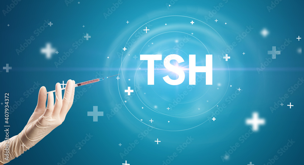 Syringe needle with virus vaccine and TSH abbreviation, antidote concept