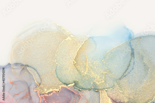 Art Abstract watercolorcolor and gold glitter horizontal background. Marble texture. Alcohol ink. photo