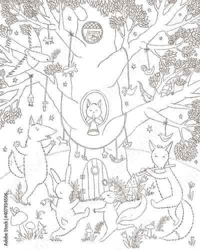 The wolf, hare, fox, squirrel and cat dance and play musical instruments in the forest. Coloring. Black and white digital illustration. Cute illustration for the decor and design of posters, postcards