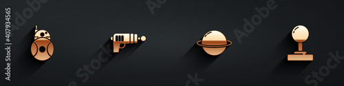 Set Robot, Ray gun, Planet Saturn and Joystick icon with long shadow. Vector.