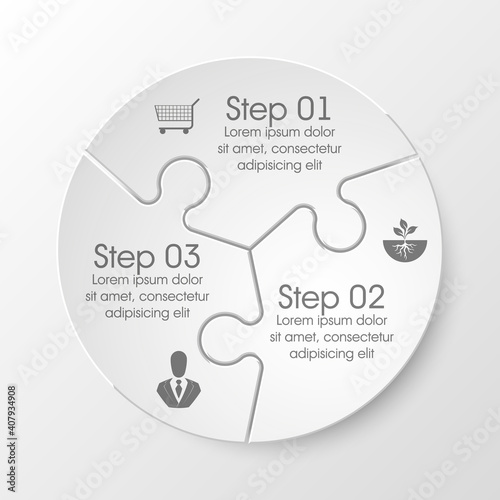 Three sided 3d puzzle presentation infographic template with explanatory text field for business statistics